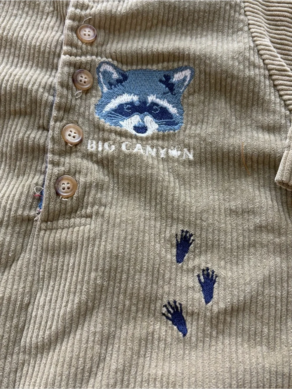Vintage Carters Beige Corduroy Raccoon Embroidered Jumpsuit Baby 12-18 Months